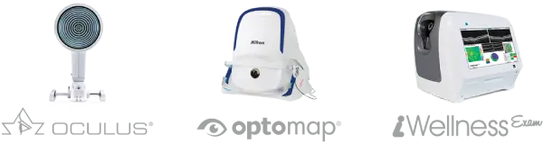 Image showing three eye examination devices with logos: Oculus, Optomap, and Wellness. Each device has a unique design, used in different eye care diagnostics, placed on a white background.