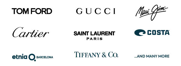 Logos of various brands: Ray-Ban, Oakley, Costa, Etnia Barcelona, Tiffany & Co, and text and many more on a white background.