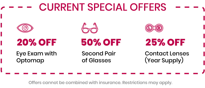 Promotional graphic displaying current special offers. Icons represent an eye with 20% off, eyeglasses with 50% off, and contact lenses with 25% off. Text notes that offers cannot be combined with insurance; restrictions may apply.