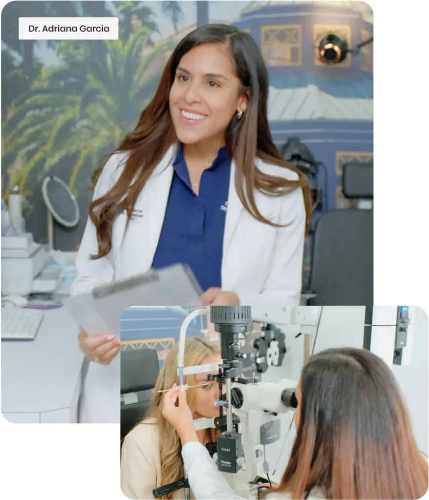 A female optometrist in a white coat is smiling while reviewing a clipboard. Below, she examines a patients eyes using an optical device. The background features an eye clinic setting with a mural of palm trees.