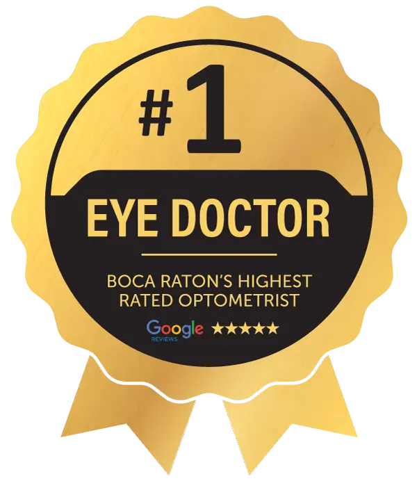 A gold badge with ribbons reads #1 Eye Doctor, Boca Ratons Highest Rated Optometrist and features a Google Reviews logo with five stars.